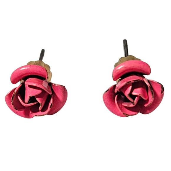 Retro Handcrafted Pink Rose Stud Earrings Floral 50s 60s Fashion Jewelry Women - Picture 1 of 3
